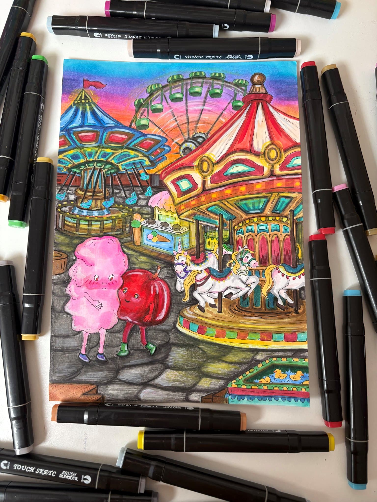 Marker kalem ile lunapark ve atlıkarınca illüstrasyonu